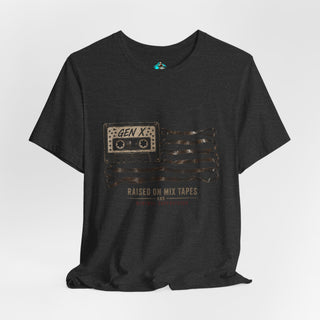 Plymouth  Shock "Gen X - Raised on mix tapes and minimal supervision" — Retro Cassette Flag Tee for 80s-90s Nostalgia
