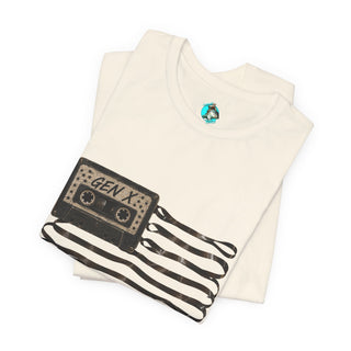 Plymouth  Shock "Gen X - Raised on mix tapes and minimal supervision" — Retro Cassette Flag Tee for 80s-90s Nostalgia